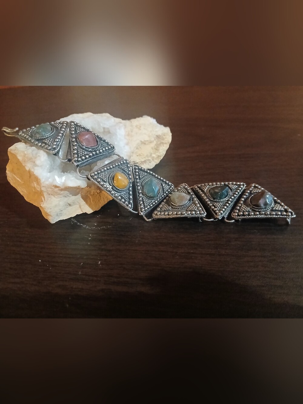 vintage triangular link TIBETAN silver agate bracelet